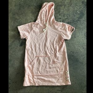 Pink distressed terry hoodie dress
